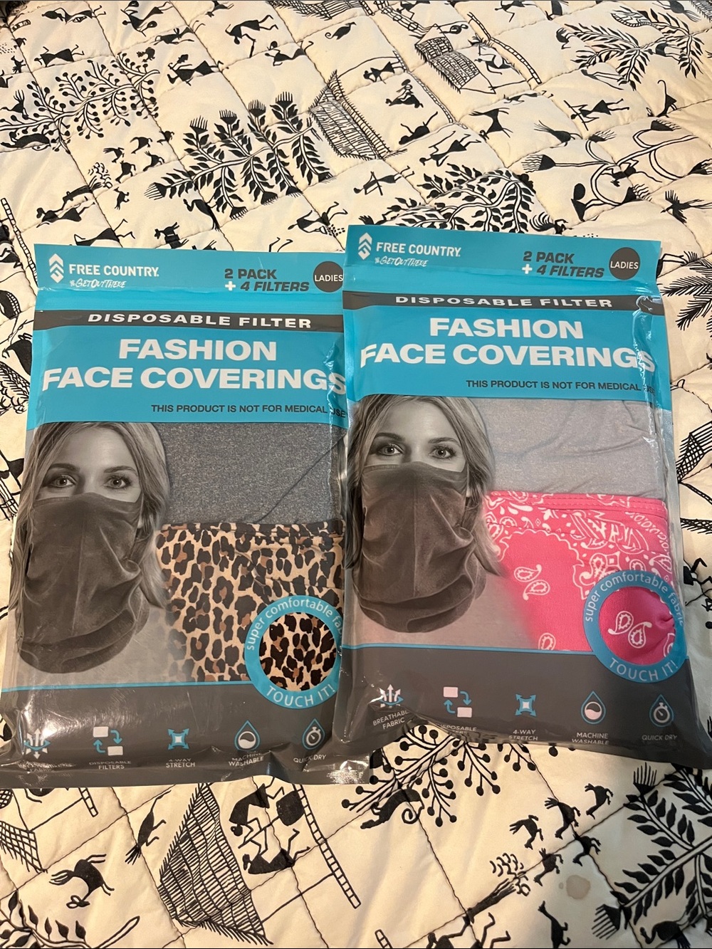 Free Country Two-Pack Face Coverings — Gray, Leopard, Pink Bandana